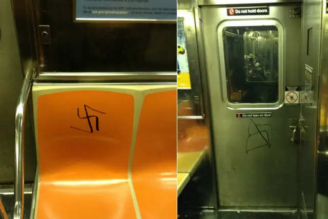 A pair of swastikas drawn on a subway car back in November 2016.